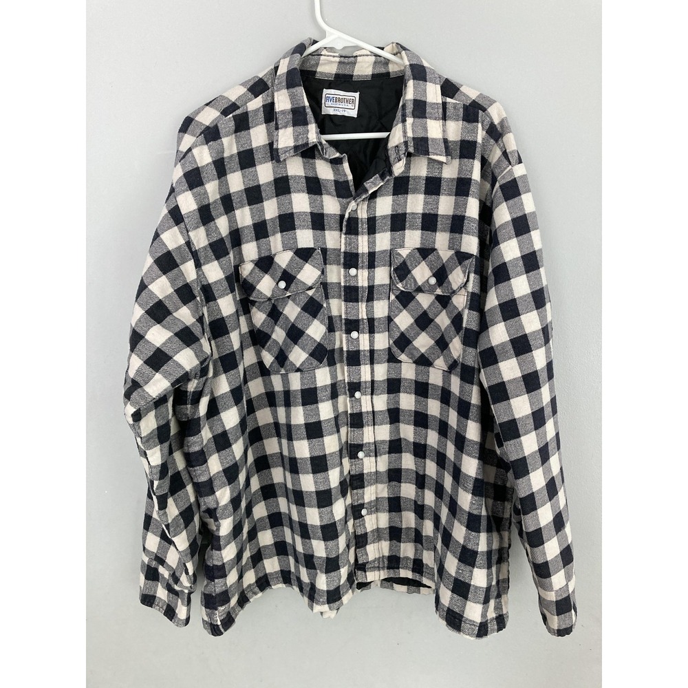 Vtg FIVEBROTHER Shacket Men 3XL Blk/Wht Buffalo Plaid Quilted Pearl Snap USA